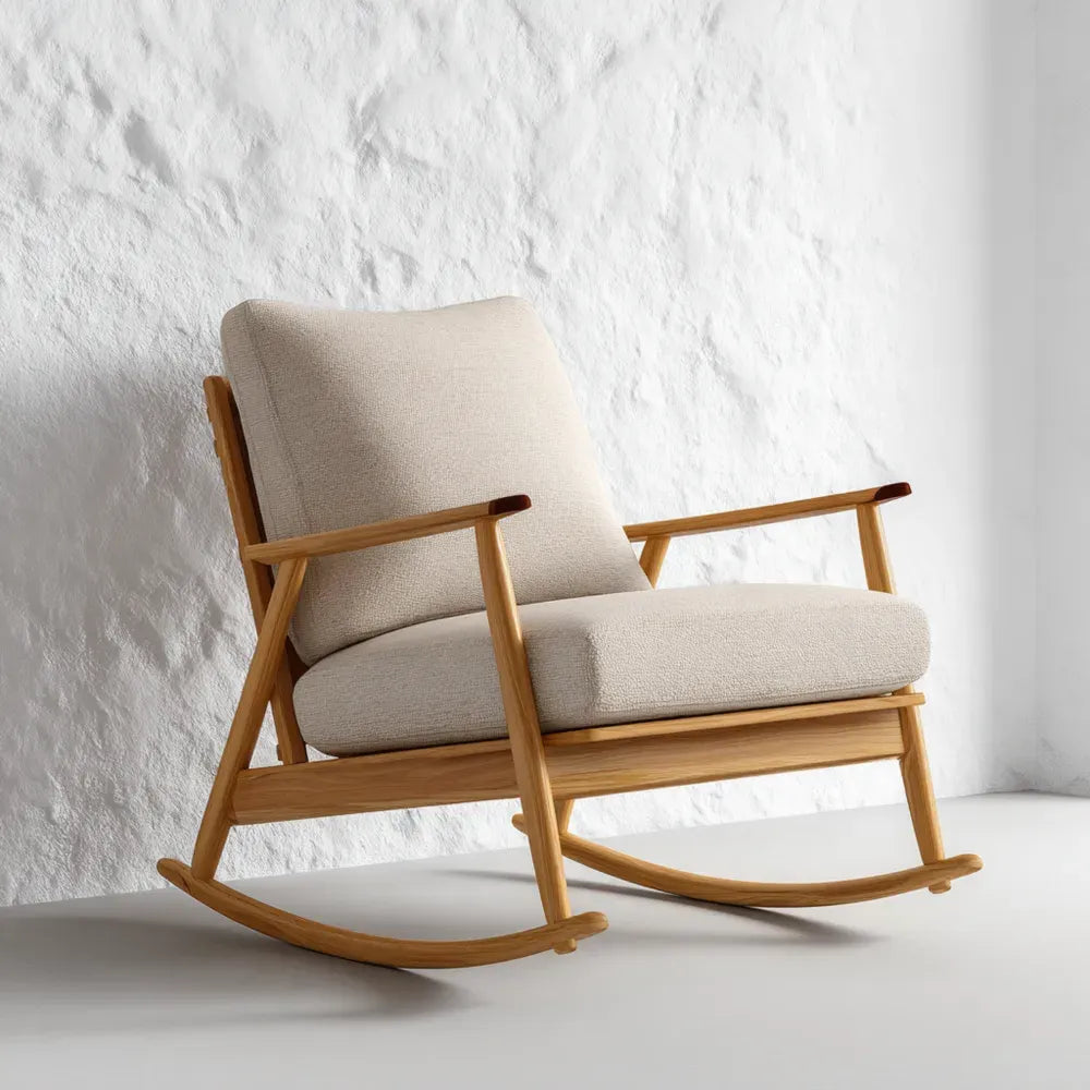 Rocking Chair Oak Frame 80x80x90 cm – Beige Fabric – Modern Design