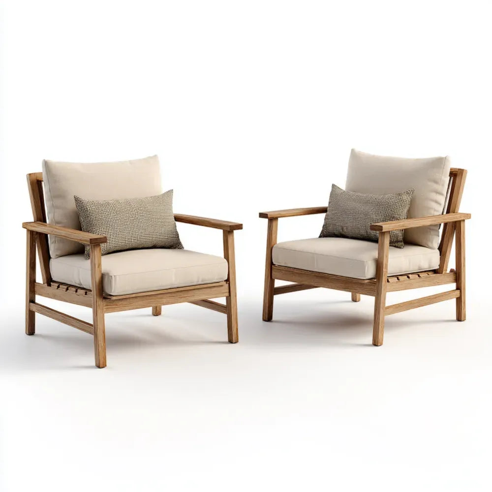 Patio Lounge Chair Set - Solid Wood 80x85x75 cm - Beige Cushions - Contemporary Outdoor