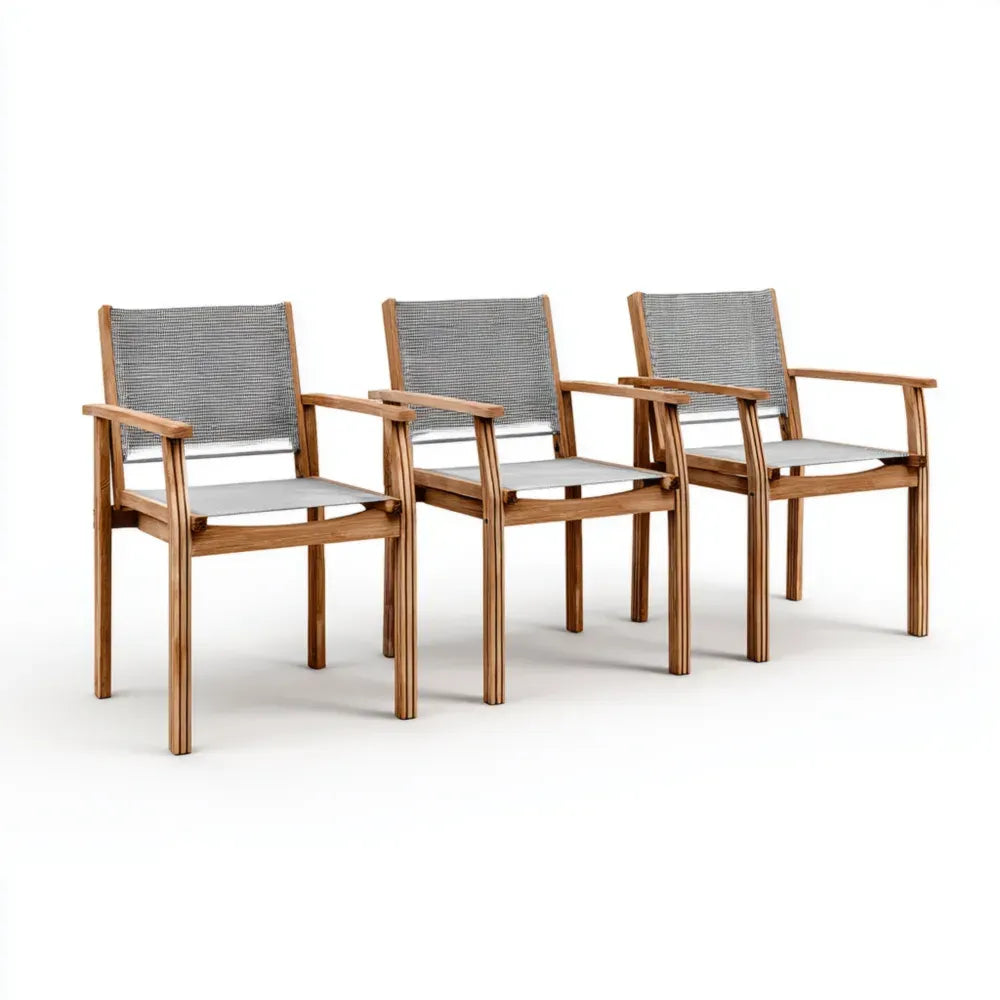 Outdoor Lounge Chairs Set of 3 – Teak Wood and Gray Textilene – 72x58x90 cm – Contemporary Design