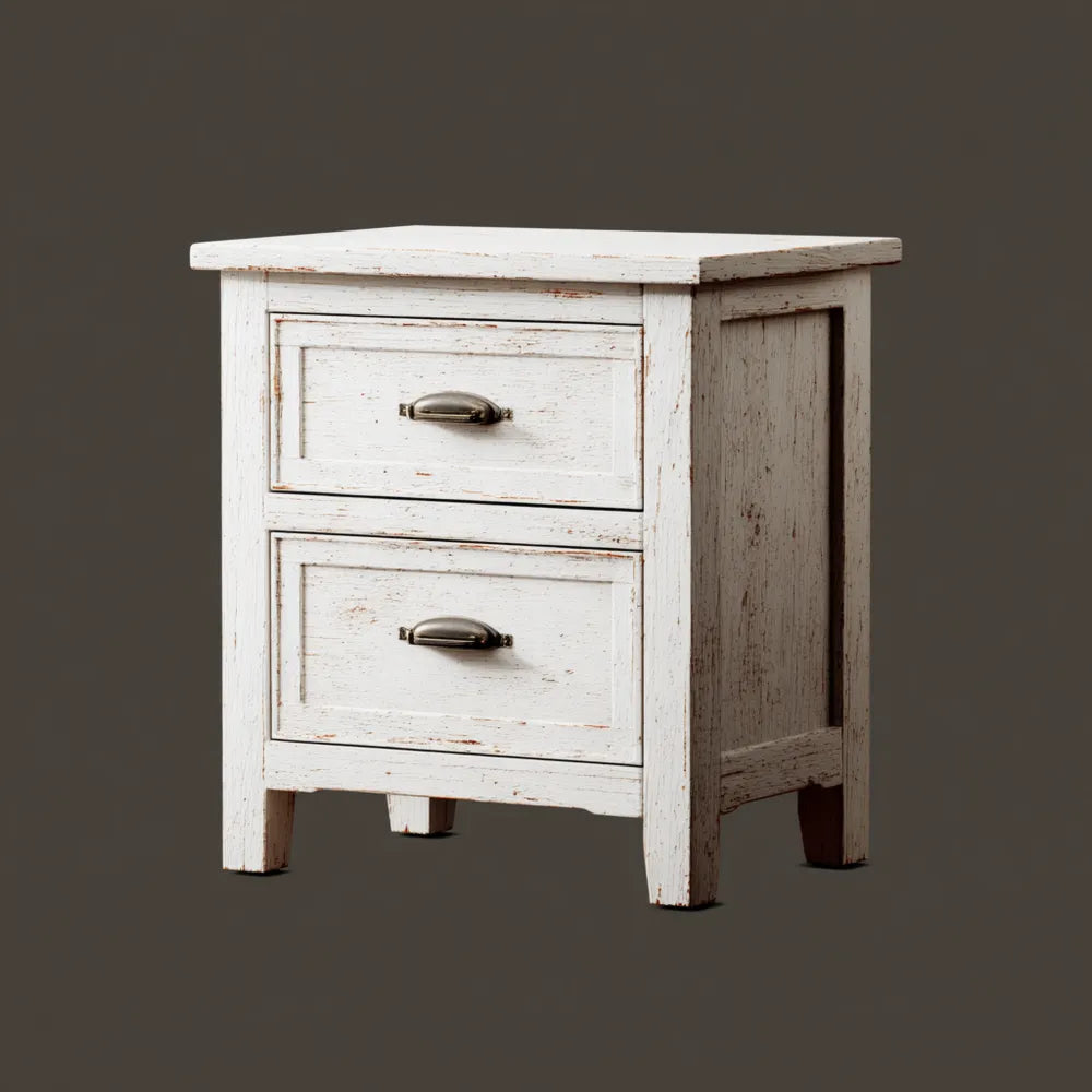 Bedside Table Rustic Wood 45x35x60 cm with 2 Drawers – White – Vintage Style