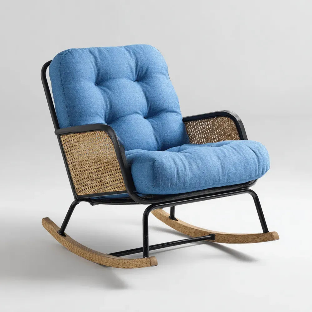 Rocking Chair Cushioned Iron Frame with Rattan Accents 90x65x80 cm - Blue