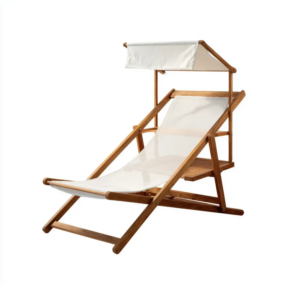 Folding Patio Lounge Chair with Canopy 120x60x90 cm - Wood Frame - Cream - Outdoor Relaxation