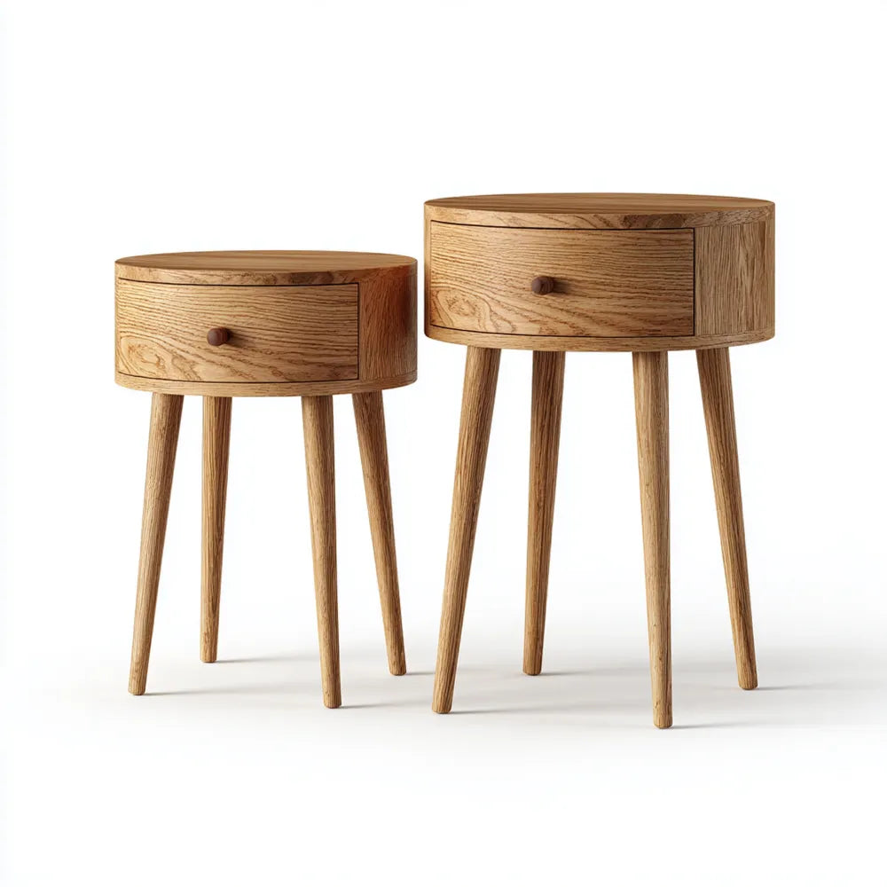 Bedside Table Set - Solid Wood - 50x50x60 cm / 40x40x50 cm - Natural Finish - Minimalist Design