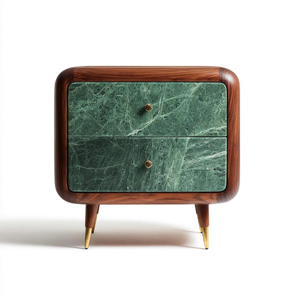Bedside Table 55x40x65 cm - Green Marble and Walnut Wood - Mid-Century Modern