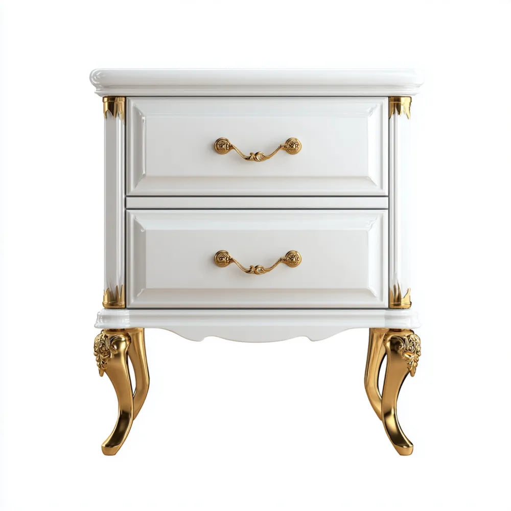 Bedside Table White – 50x40x65 cm – 2 Drawers with Golden Accents – Baroque Style